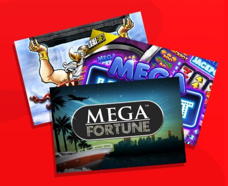 Logoer av populære spilleautomater med Mega Fortune i forgrunnen