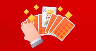 Omaha Poker spillikon med kort på rød bakgrunn