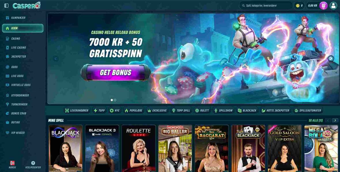 Caspero Casino hovedsiden