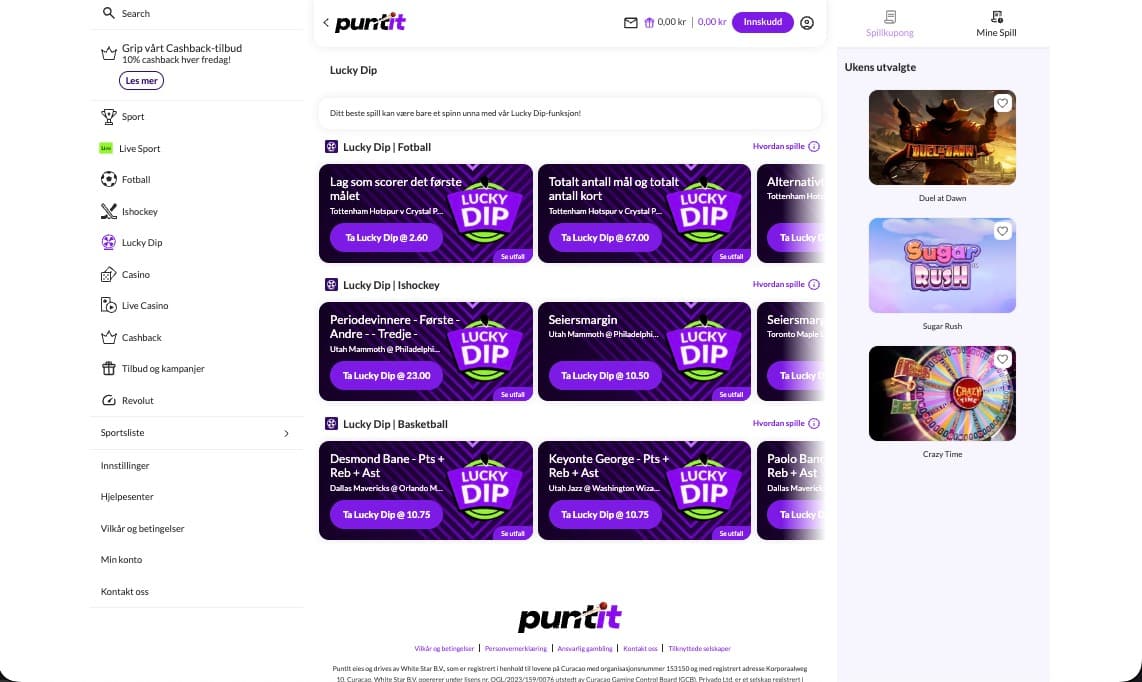 Puntit Casino Lucky Dip-funksjon