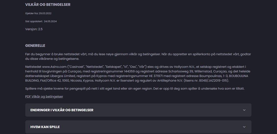 Skjermbilde av vilkår og betingelser hos Asino casino