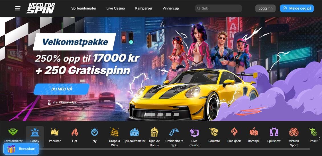 Hovedsiden til Need For Spin Casino-nettstedet