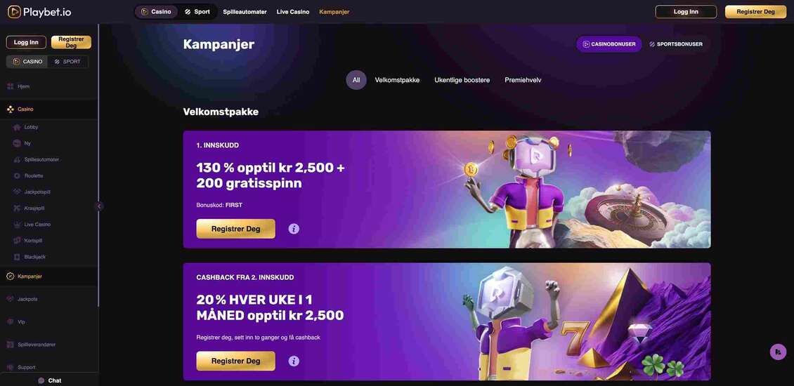 Bonussiden på Playbet.io Casino-nettstedet