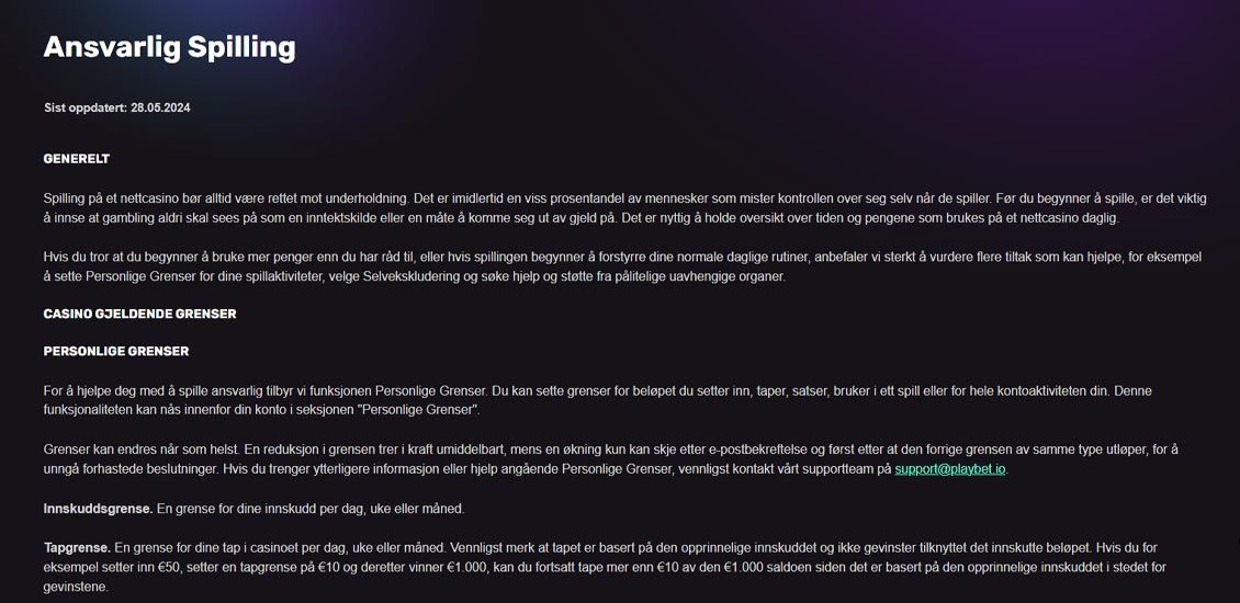 Playbet.io Casino side om ansvarlig spill