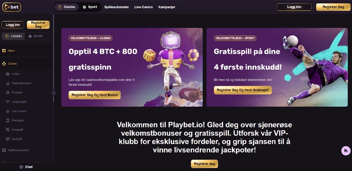 Hovedsiden til Playbet.io Casino-nettstedet