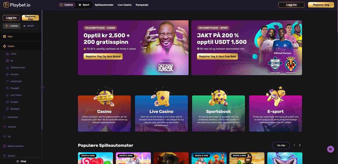 Hovedsiden til Playbet.io Casino-nettstedet