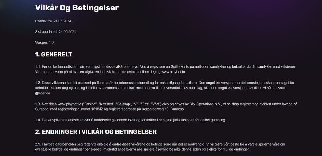 Skjermbilde av vilkår og betingelser hos Playbet io casino