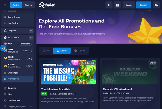 Rainbet casino promotions page