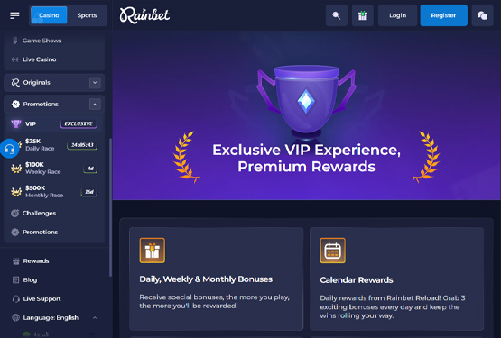 Rainbet casino vip page
