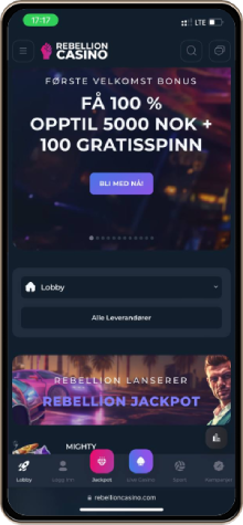 Rebellion Casino hovedside på mobilskjerm