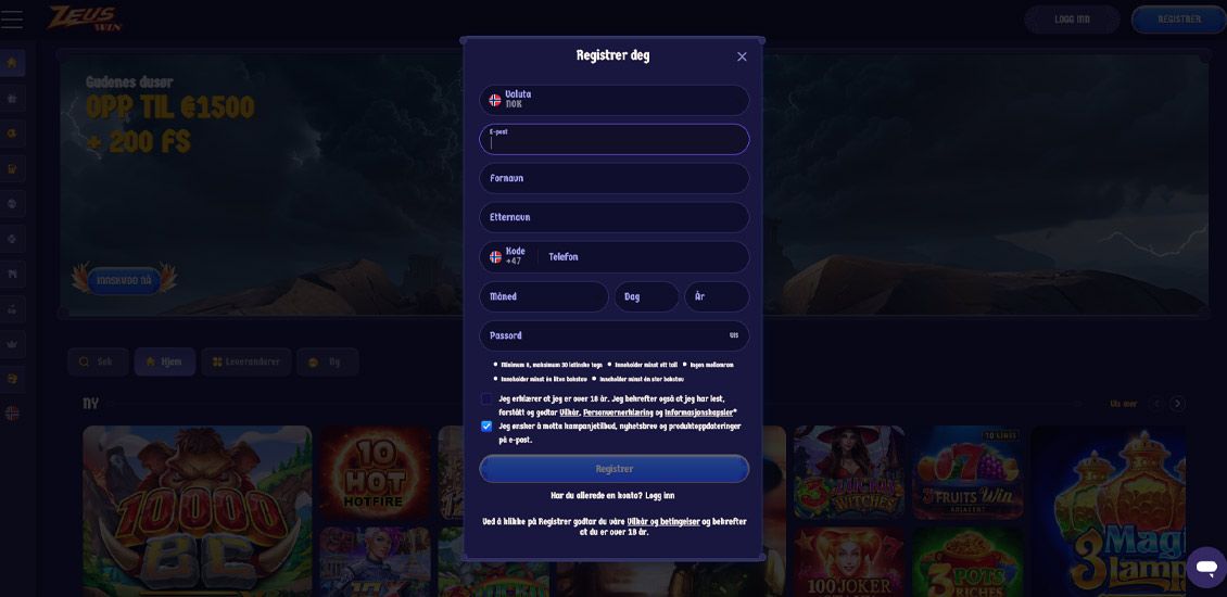 ZeusWin Casino registreringsprosessen trinn 2