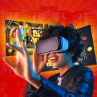 Jente i virtuelle virkelighetsbriller spiller på et kasino