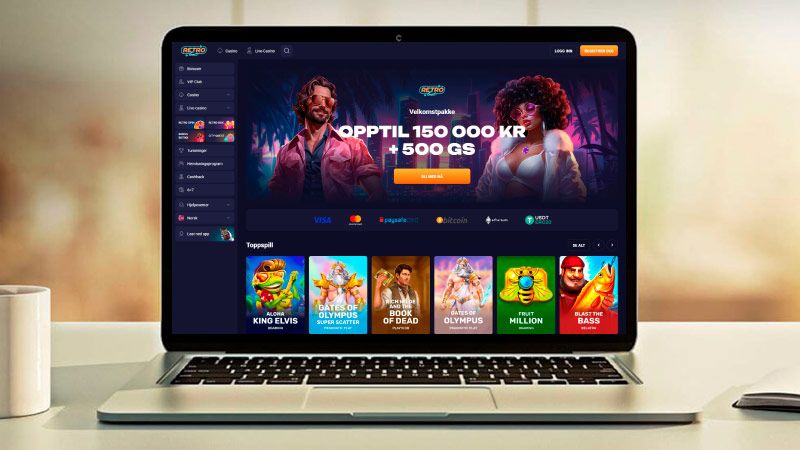 Hovedsiden til Retrobet Casino på skjermen til bærbar datamaskin