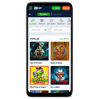 Kasinoet 20Bet på skjermen til en mobiltelefon